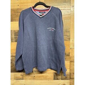 Tommy Jeans Mens XL Blue V-Neck Sweatshirt Striped Sleeve Vintage Pullover 90's